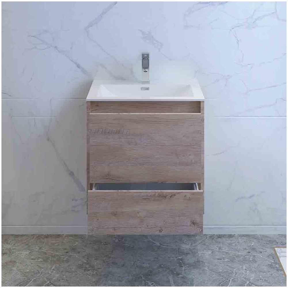 Catania 24 Natural Wood Wall Hung Modern Bathroom Cabinet w/ Integrated Sink