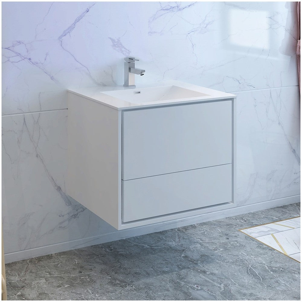 Catania 30" Glossy White Wall Hung Modern Bathroom Cabinet w/ Integrated Sink
