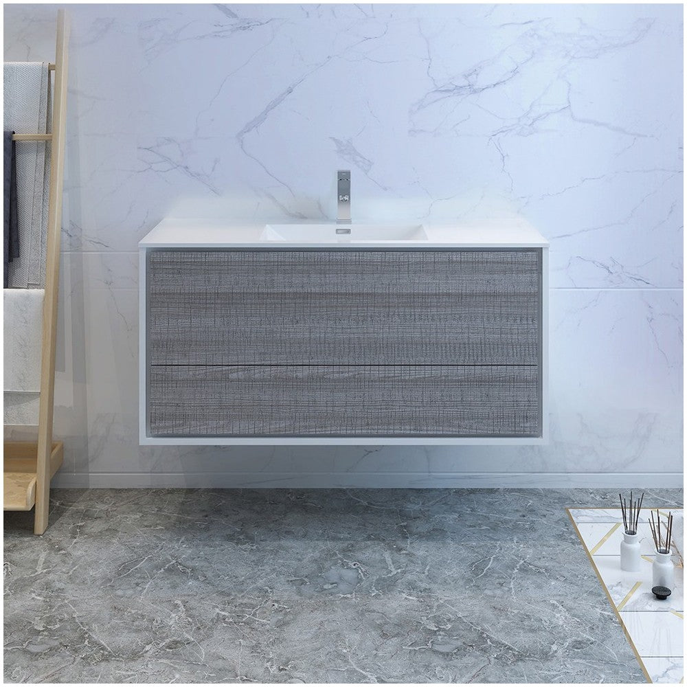 Catania 48" Glossy Ash Gray Wall Hung Modern Bathroom Cabinet w/ Integrated Sink