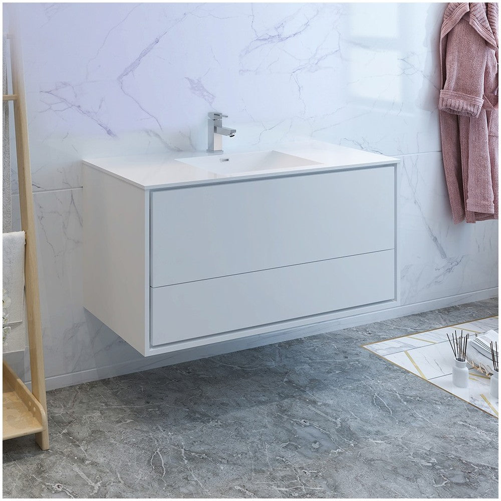 Catania 48" Glossy White Wall Hung Modern Bathroom Cabinet w/ Integrated Sink