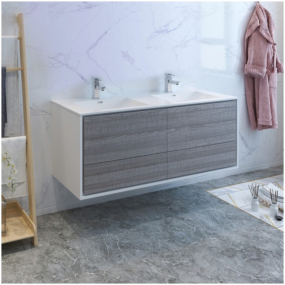 Catania 60 Ash Gray Wall Hung Modern Bathroom Cabinet w/ Integrated Double Sink