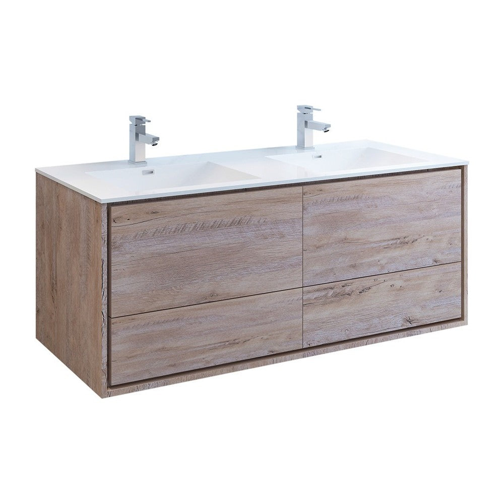 Catania 60 Natural Wood Wall Hung Bathroom Cabinet w/ Integrated Double Sink
