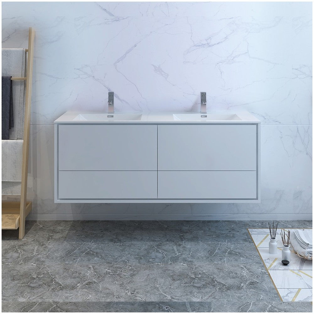 Catania 60 White Wall Hung Modern Bathroom Cabinet w/ Integrated Double Sink