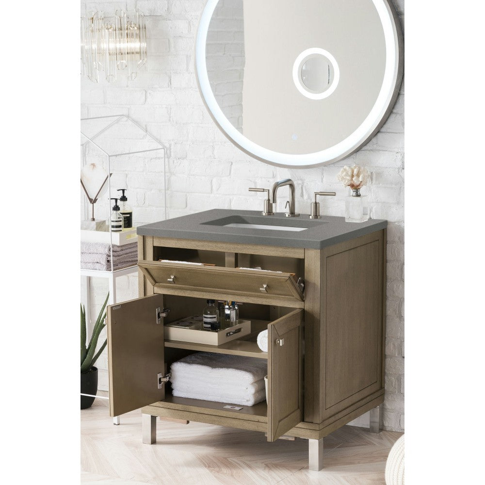 Chicago 30" Single Vanity, Whitewashed Walnut w/ 3 CM Gray Expo Quartz Top
