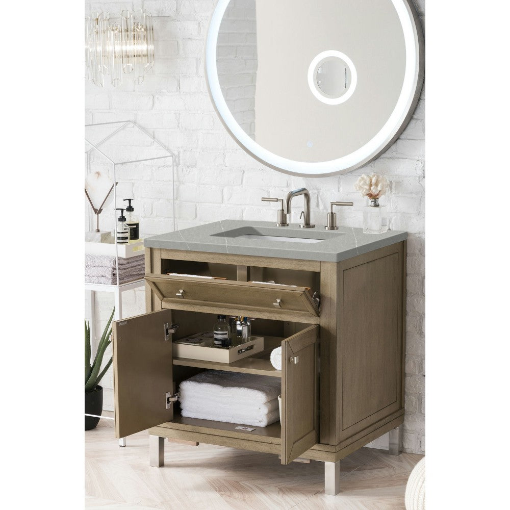 Chicago 30" Single Vanity, Whitewashed Walnut w/ 3 CM Eternal Serena Quartz Top