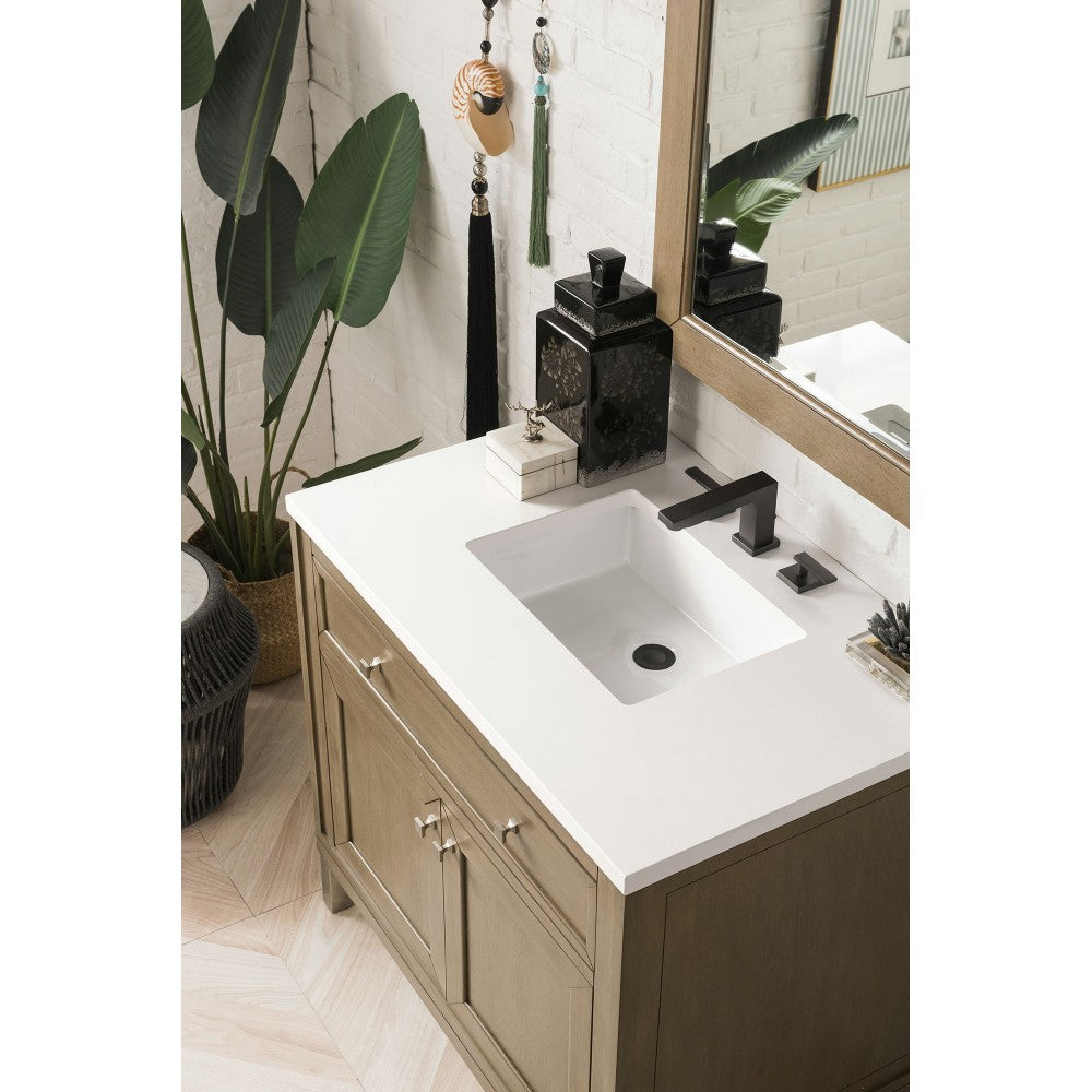 Chicago 36" Single Vanity, Whitewashed Walnut w/ 3 CM Classic White Quartz Top