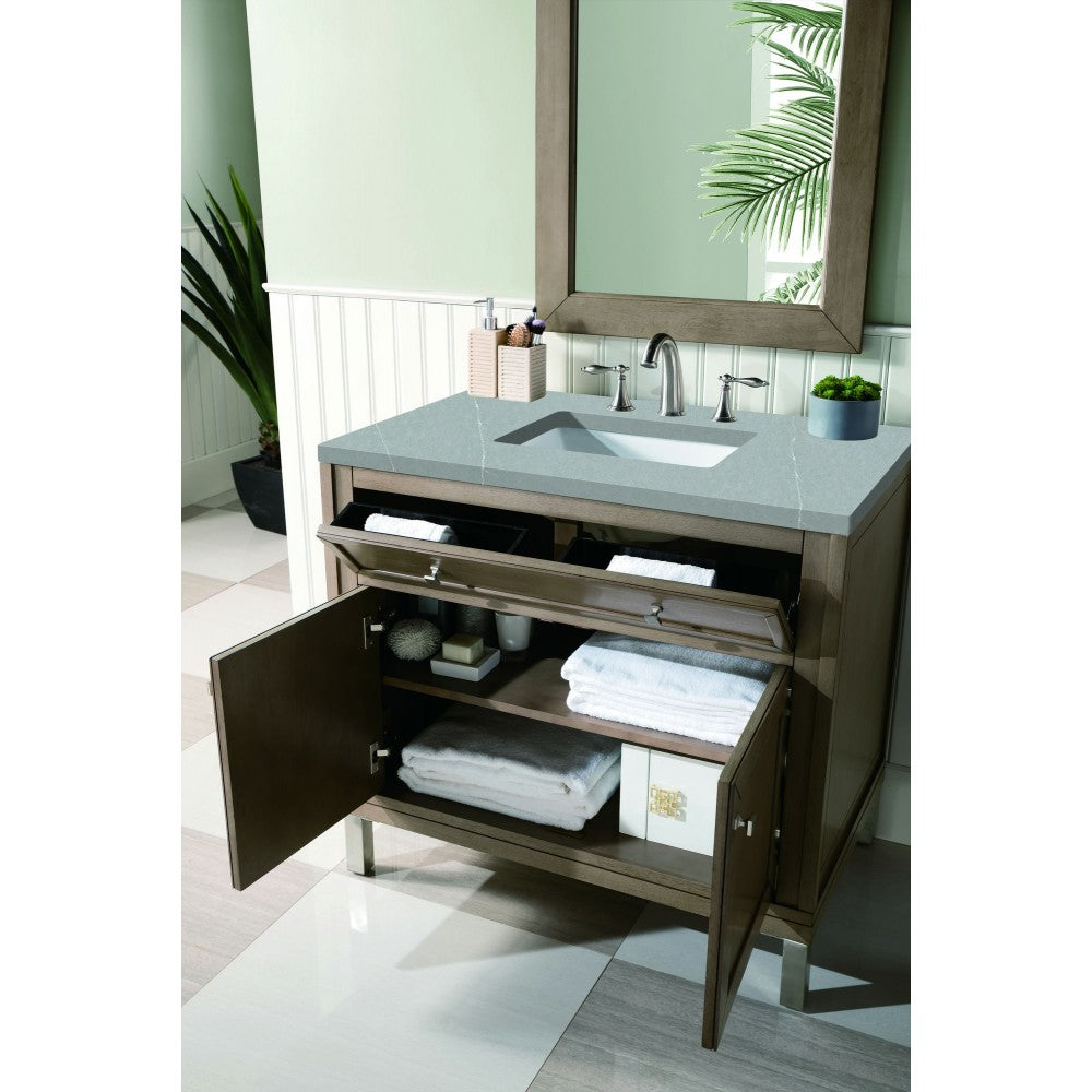 Chicago 36" Single Vanity, Whitewashed Walnut w/ 3 CM Eternal Serena Quartz Top