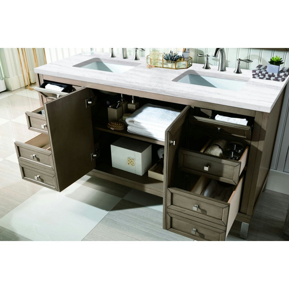 Chicago 60" Double Vanity Walnut w/3 CM Arctic Fall Solid Surface Top