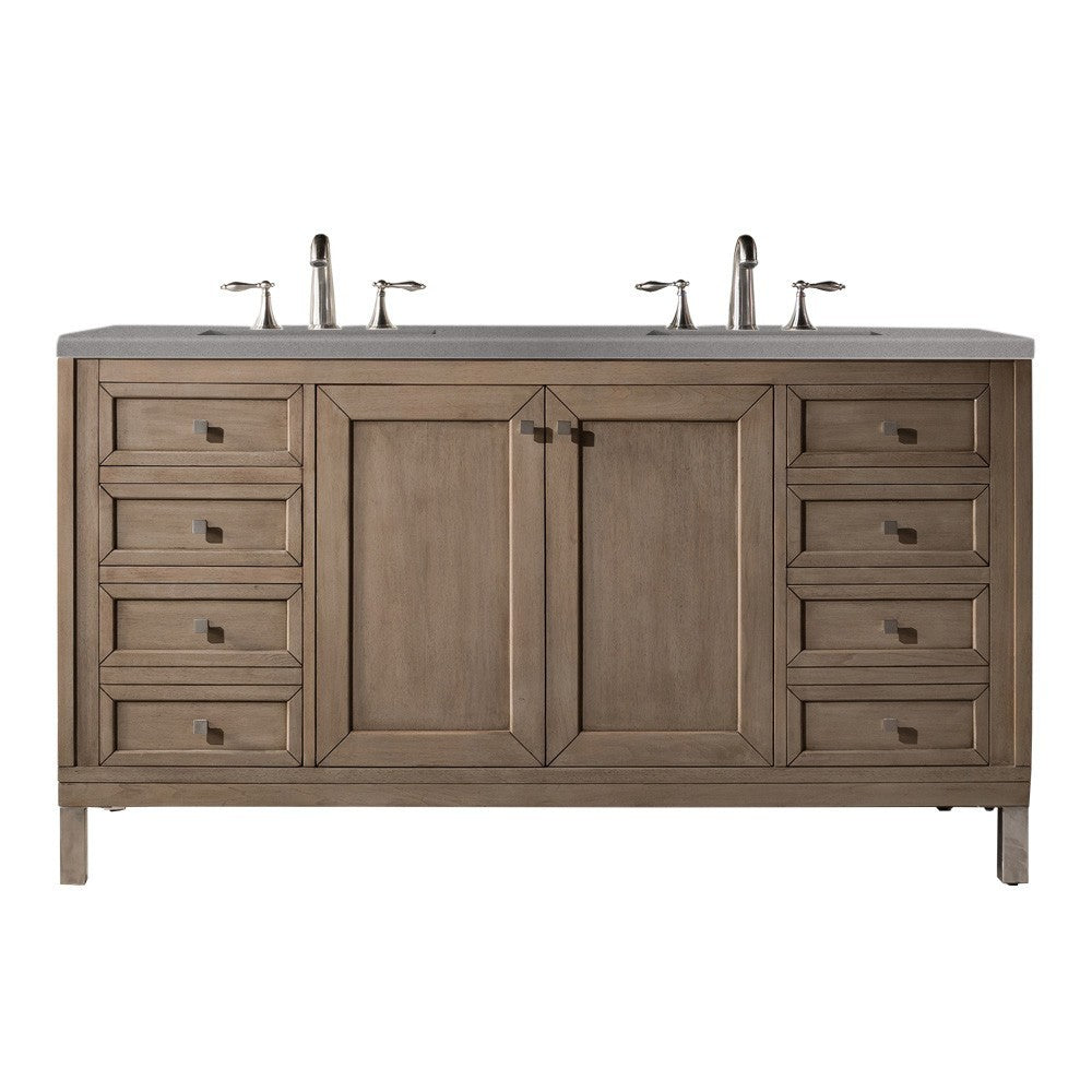 Chicago 60" Double Vanity, Whitewashed Walnut w/ 3 CM Gray Expo Quartz Top