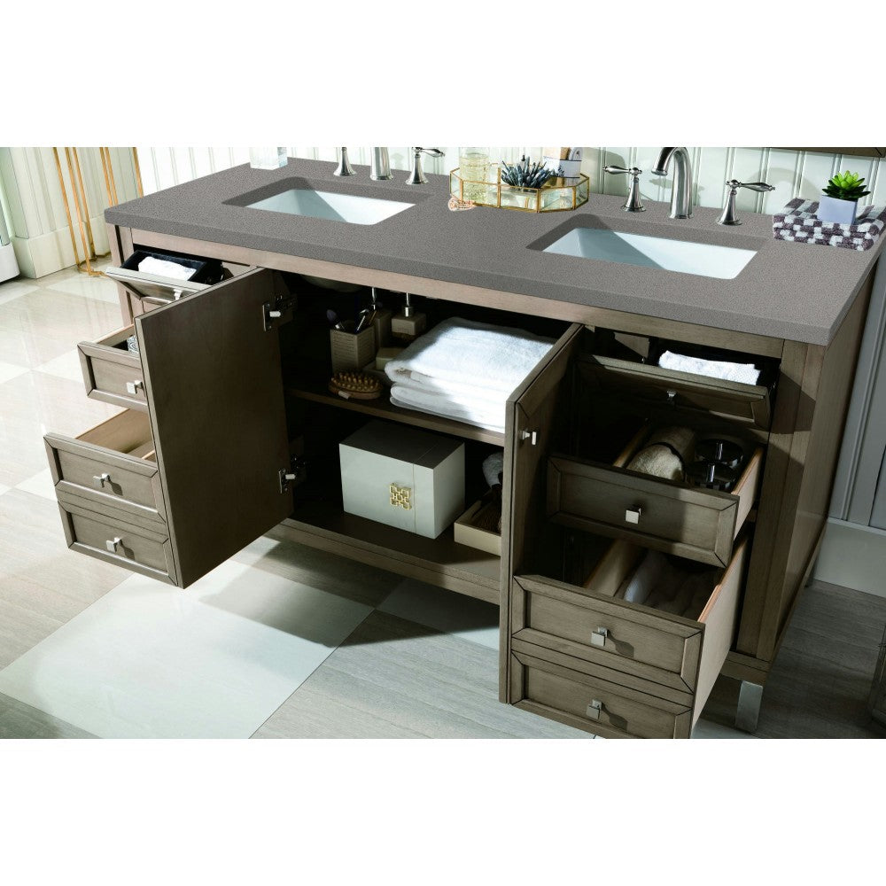 Chicago 60" Double Vanity, Whitewashed Walnut w/ 3 CM Gray Expo Quartz Top