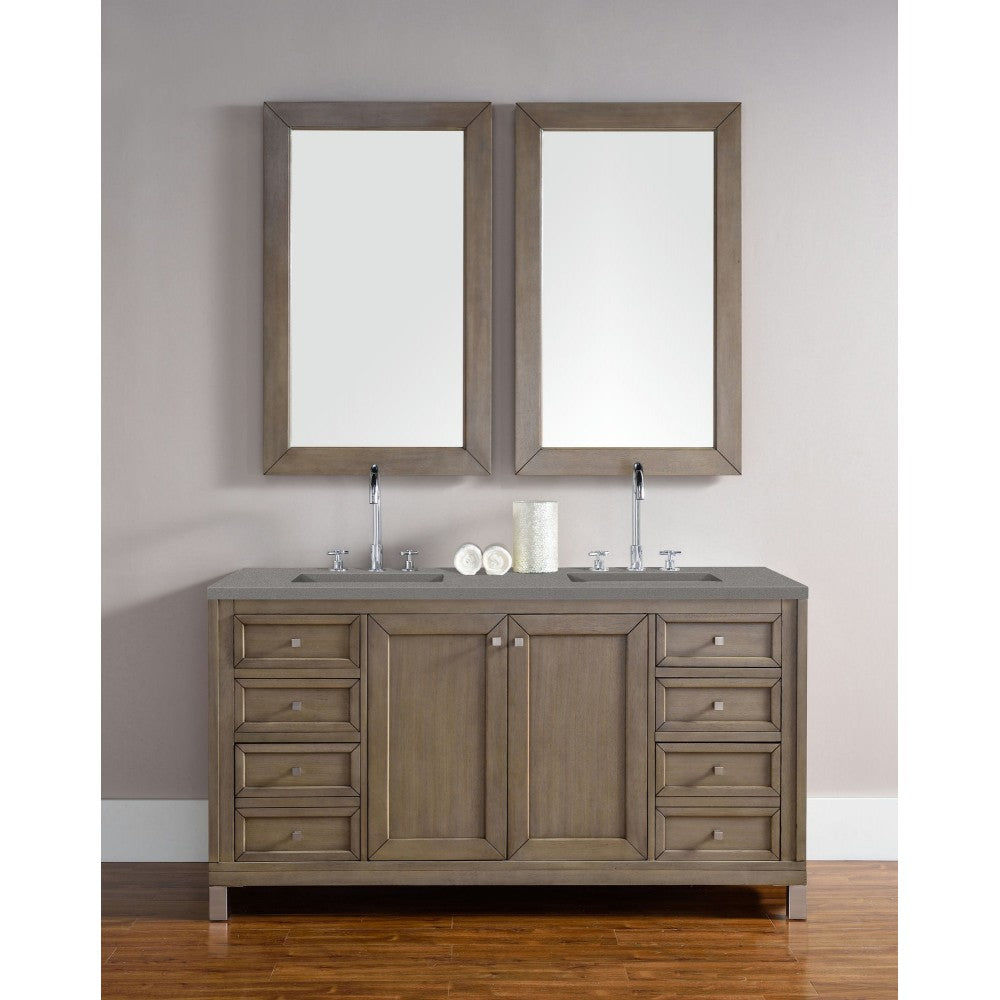 Chicago 60" Double Vanity, Whitewashed Walnut w/ 3 CM Gray Expo Quartz Top