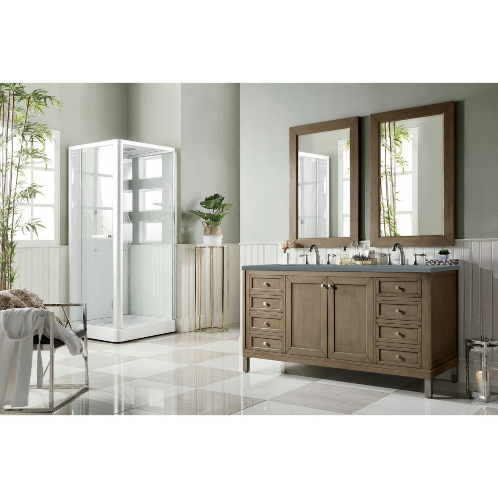 Chicago 60" Double Vanity, Whitewashed Walnut w/ 3 CM Cala Blue Quartz Top