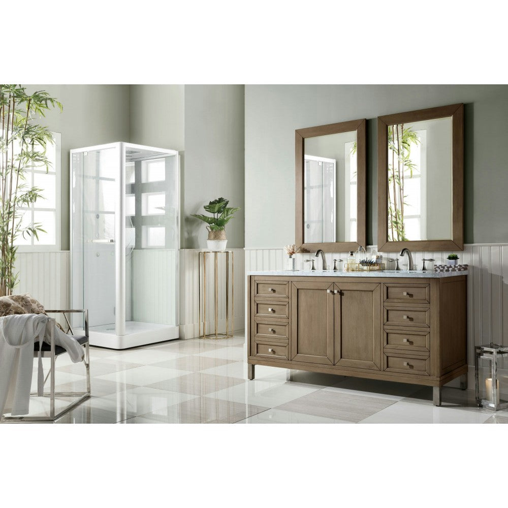 Chicago 60" Double Vanity, Whitewashed Walnut w/ 3 CM Carrara Marble Top