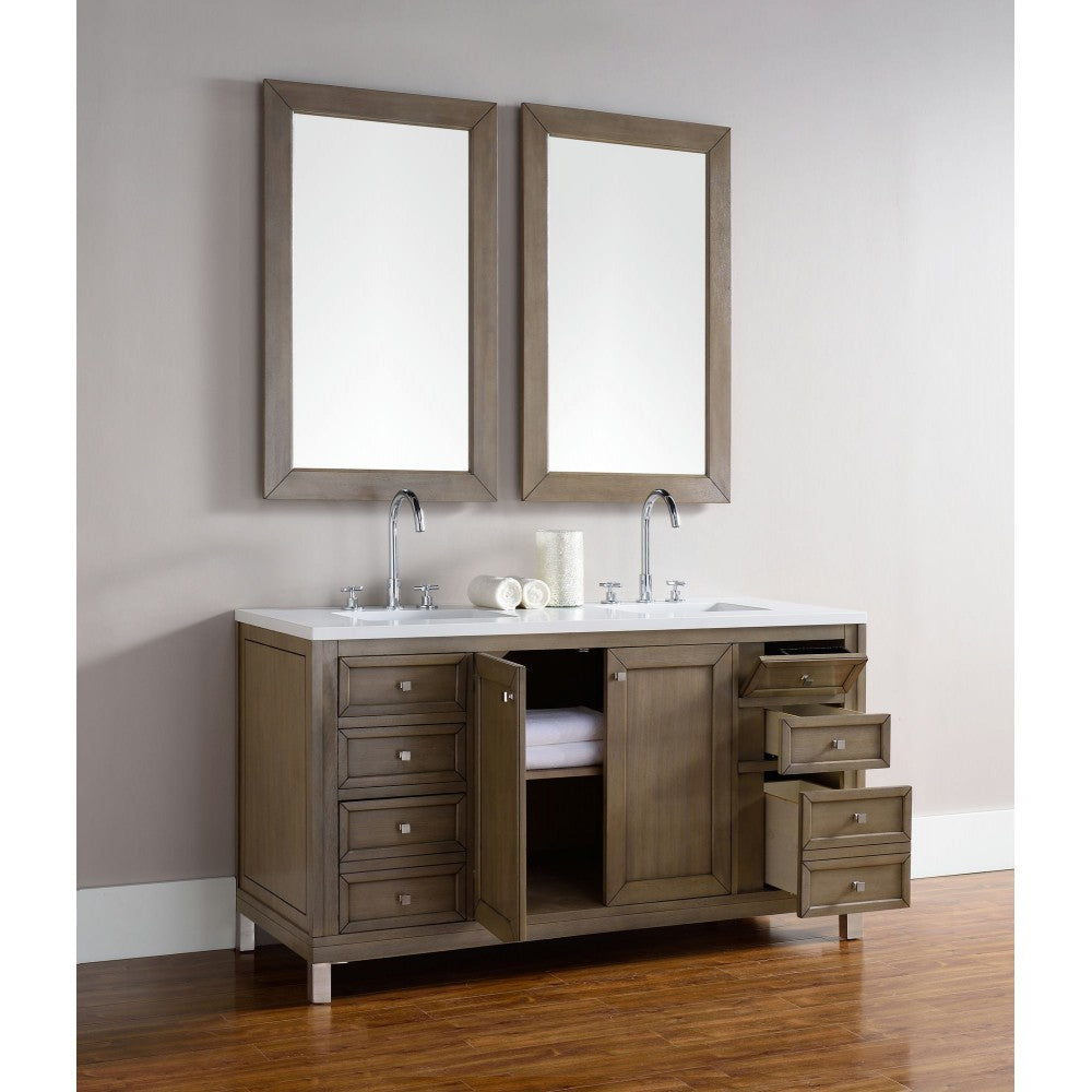 Chicago 60" Double Vanity, Whitewashed Walnut w/ 3 CM Classic White Quartz Top