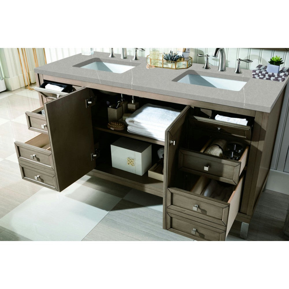 Chicago 60" Double Vanity, Whitewashed Walnut w/ 3 CM Eternal Serena Quartz Top