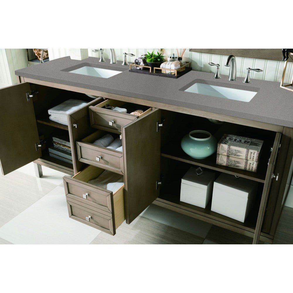 Chicago 72" Double Vanity, Whitewashed Walnut w/ 3 CM Gray Expo Quartz Top