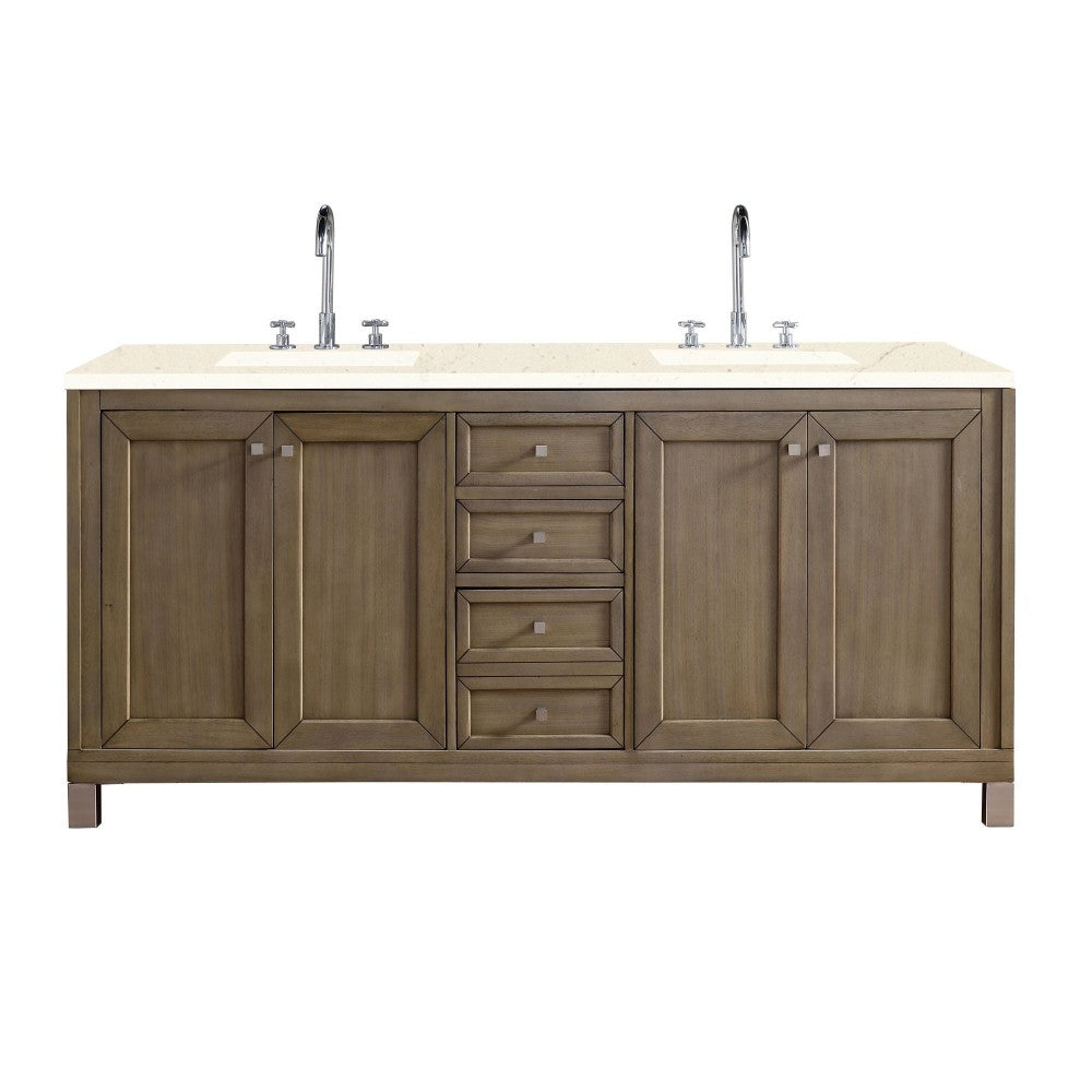 Chicago 72" Double Vanity, Whitewashed Walnut w/ 3 CM Eternal Marfil Quartz Top