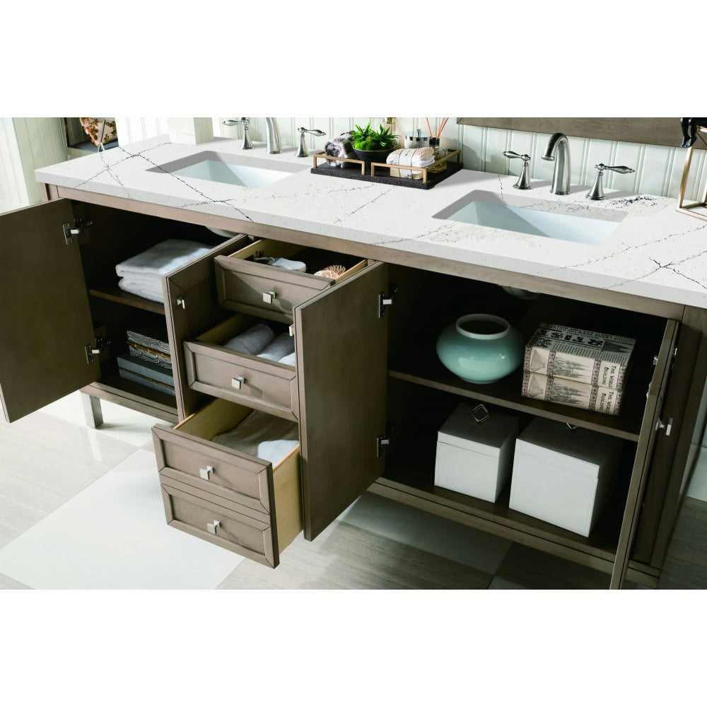 Chicago 72" Double Vanity, Whitewashed Walnut w/ 3 CM Ethereal Noctis Quartz Top