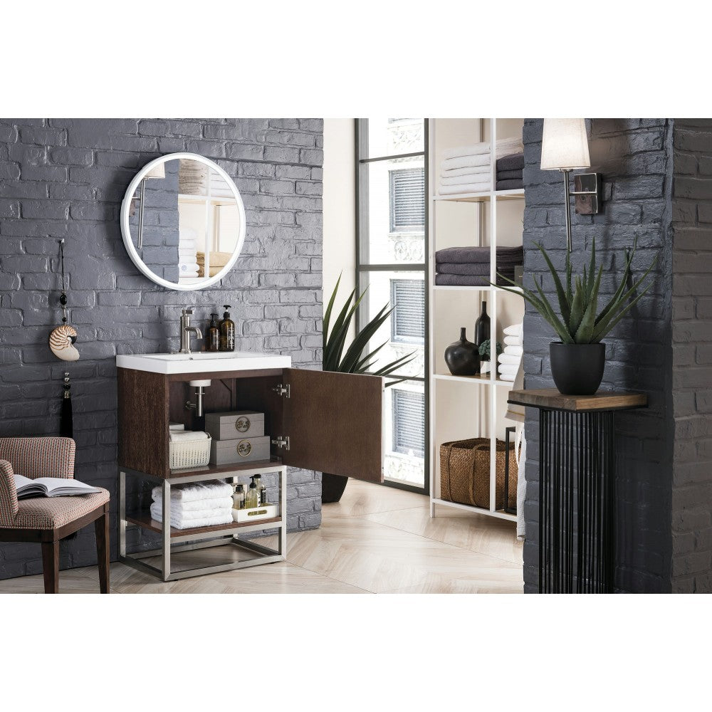 Columbia 24" Single Vanity Coffee Oak Nickel w/White Glossy Composite Top