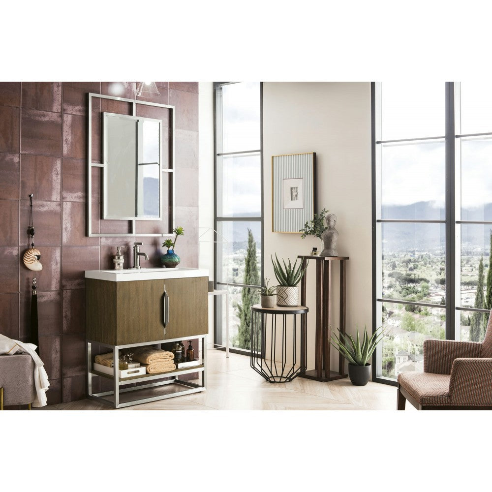 Columbia 31.5" Single Vanity Latte Oak Nickel w/White Glossy Composite Top