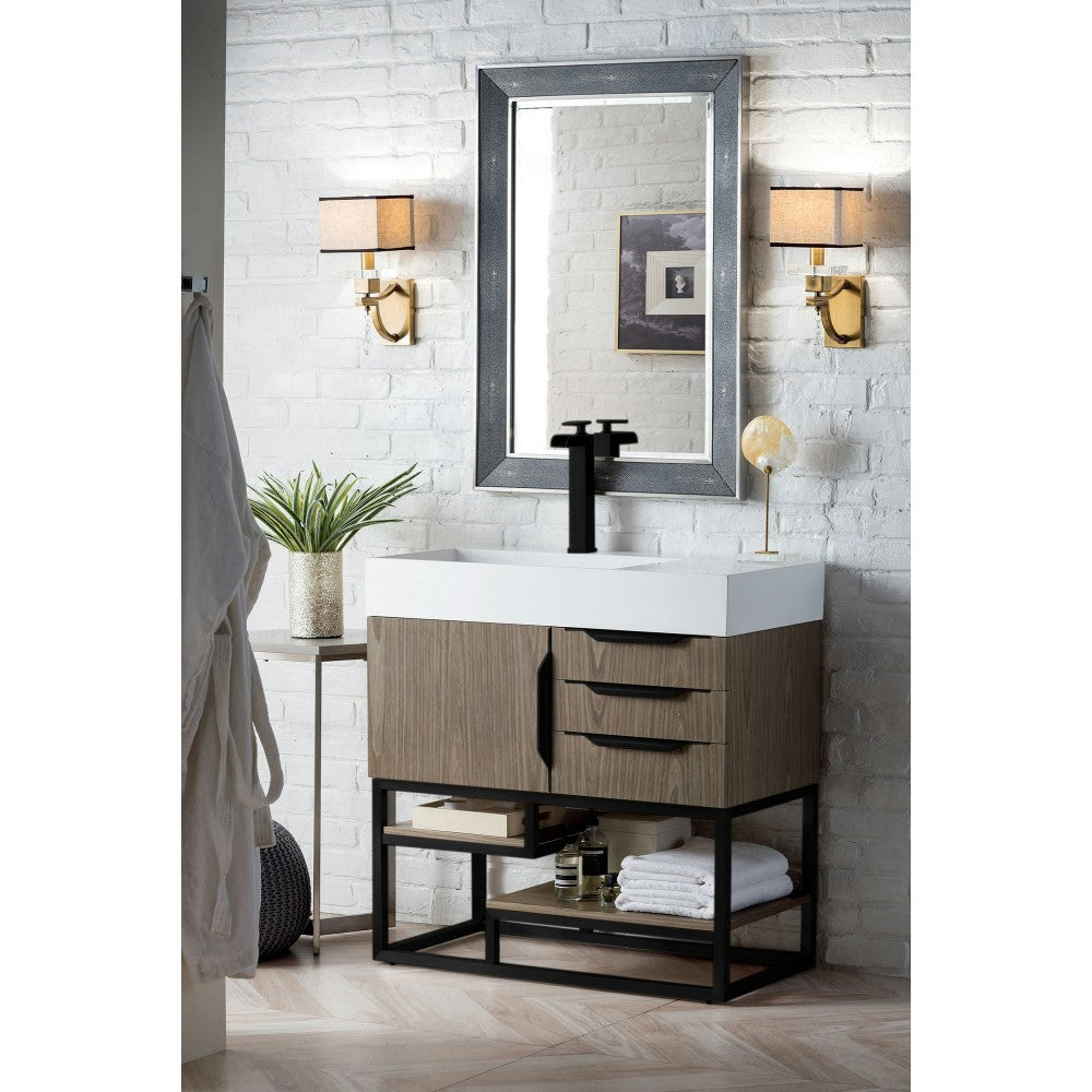 Columbia 36" Single Vanity, Ash Gray, Matte Black w/ Glossy White Composite Top
