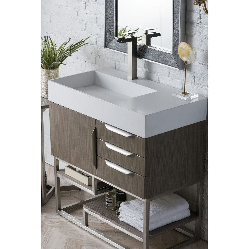 Columbia 36" Single Vanity, Ash Gray w/ Glossy White Composite Top