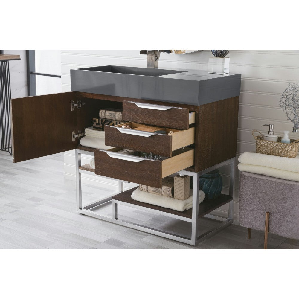 Columbia 36" Single Vanity, Coffee Oakw/ Dusk Gray Glossy Composite Top