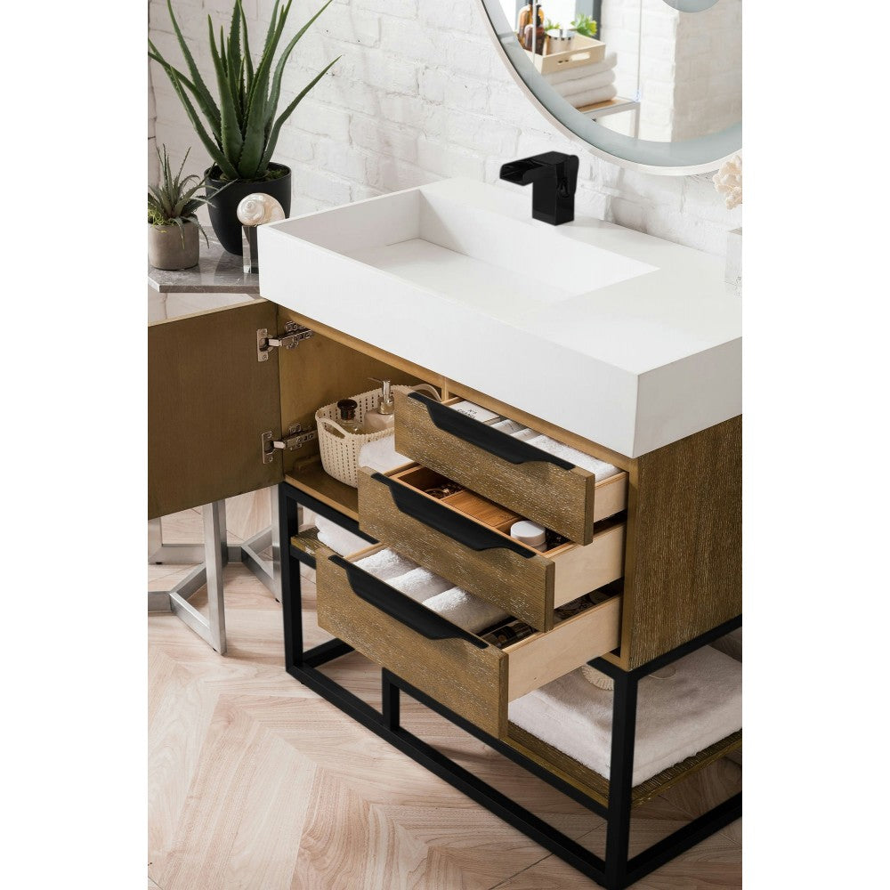 Columbia 36" Single Vanity, Latte Oak, Matte Black w/ Glossy White Composite Top