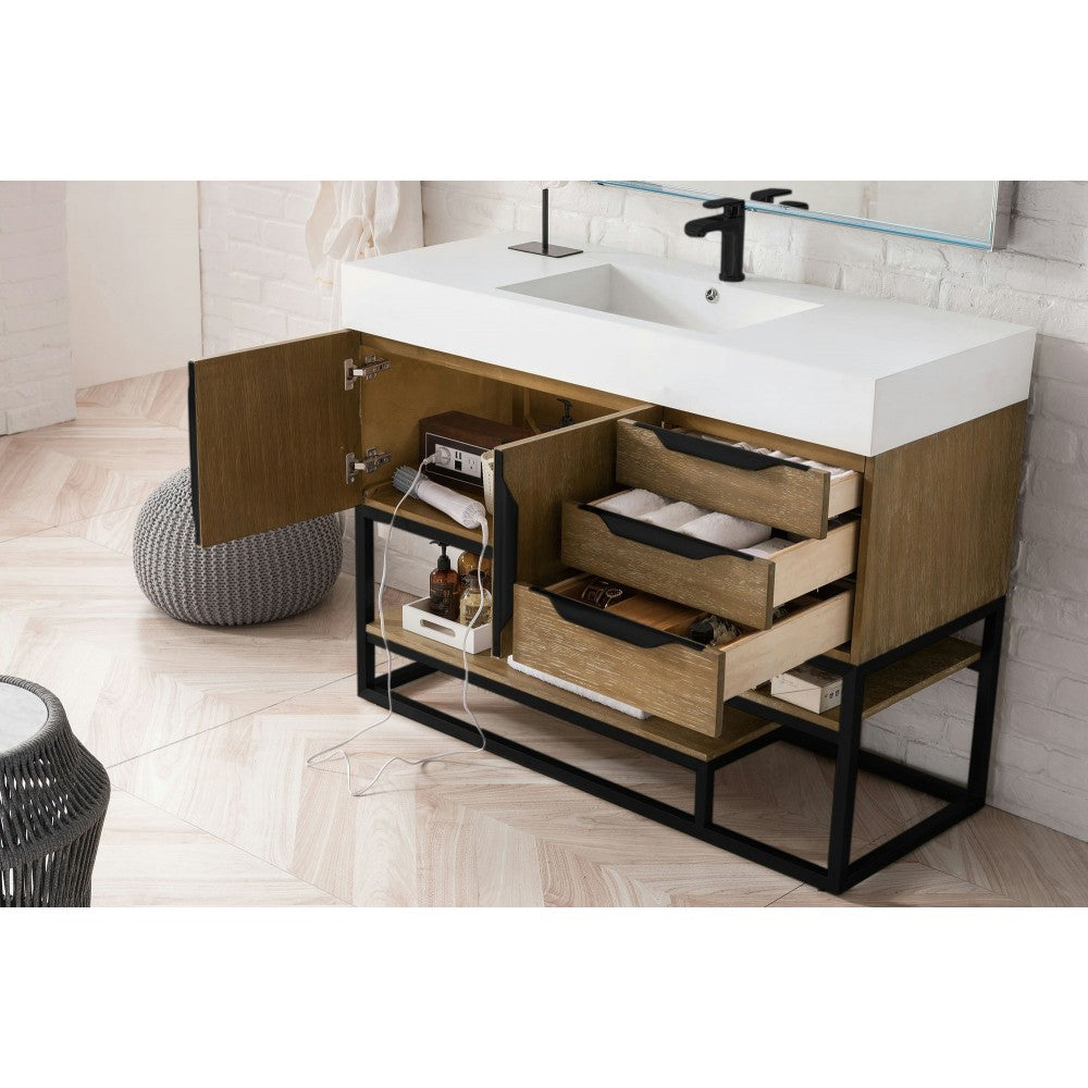 Columbia 48" Single Vanity, Latte Oak, Matte Black w/ Glossy White Composite Top