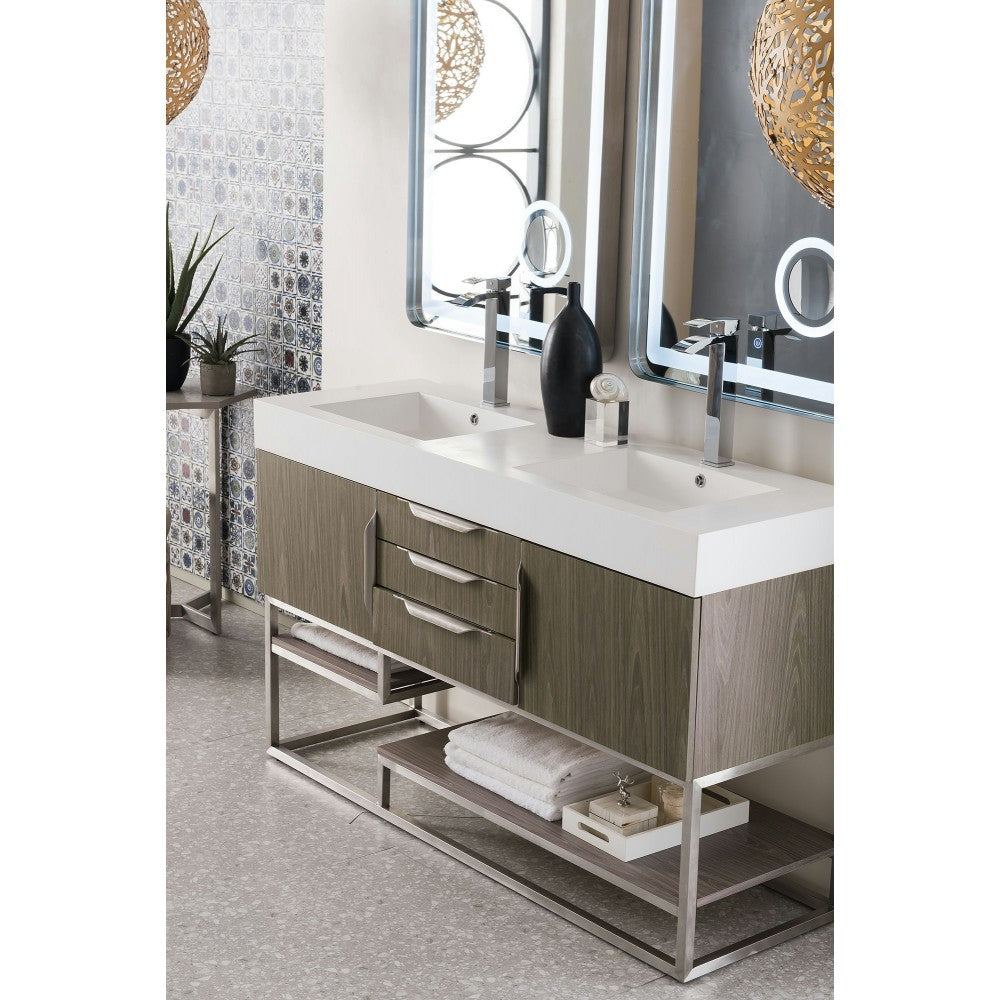 Columbia 59" Double Vanity, Ash Gray w/ Glossy White Composite Top
