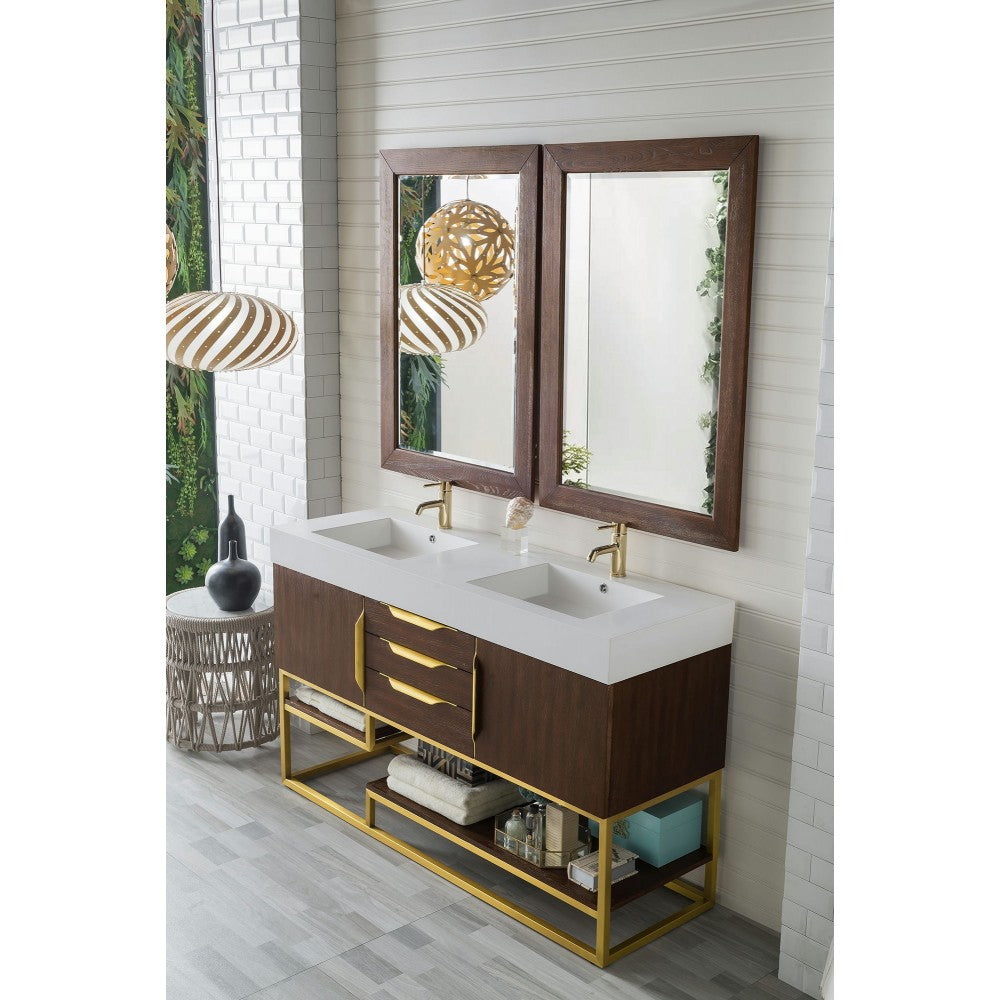 Columbia 59" Double Vanity Coffee Oak Radiant Gold w/ Glossy White Composite Top