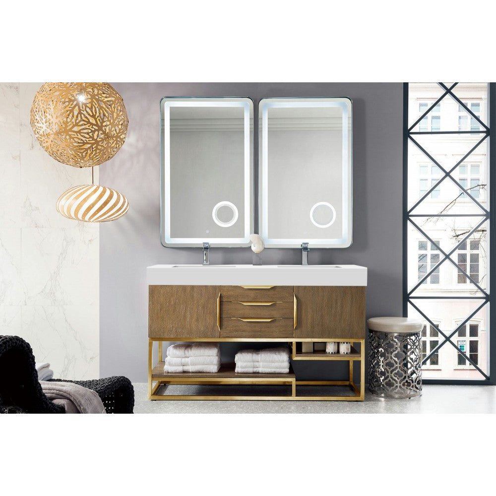 Columbia 59" Double Vanity Latte Oak Radiant Gold w/ Glossy White Composite Top