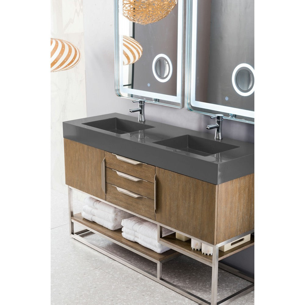 Columbia 59" Double Vanity, Latte Oak w/ Dusk Gray Glossy Composite Top