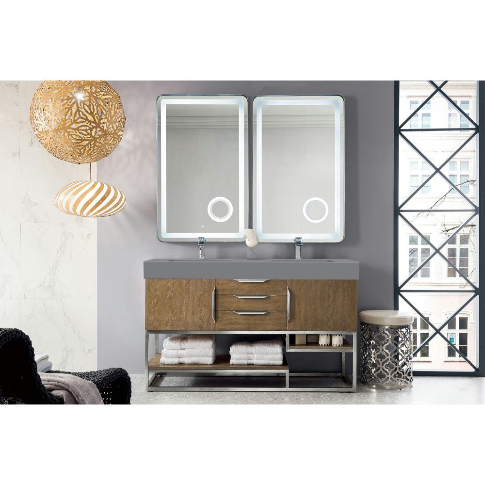 Columbia 59" Double Vanity, Latte Oak w/ Dusk Gray Glossy Composite Top