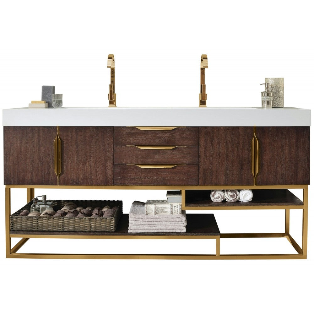Columbia 72" Double Vanity Coffee Oak Radiant Gold w/ Glossy White Composite Top