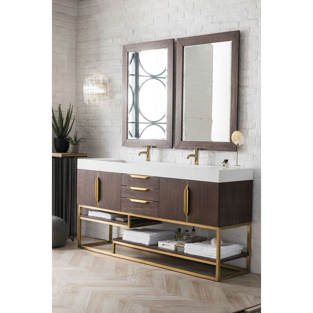 Columbia 72" Double Vanity Coffee Oak Radiant Gold w/ Glossy White Composite Top