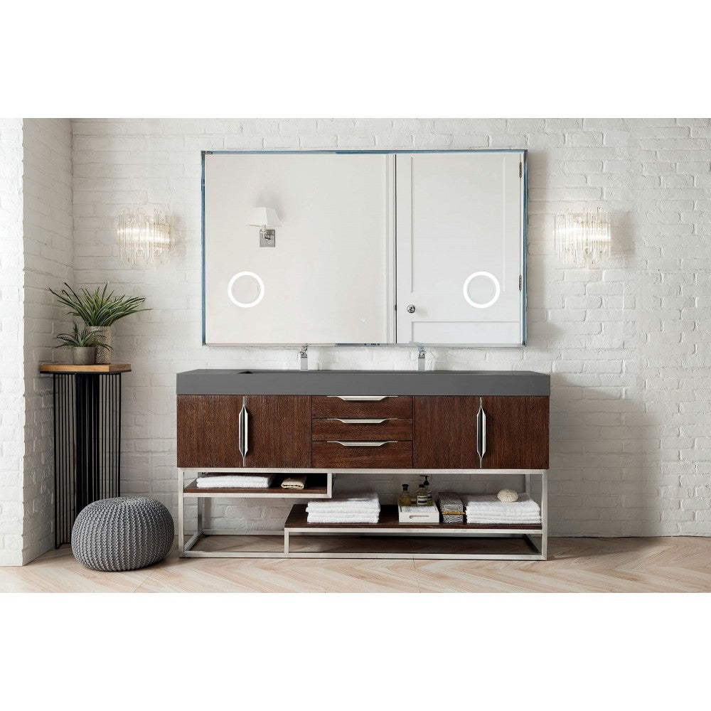Columbia 72" Double Vanity, Coffee Oak w/ Dusk Gray Glossy Composite Top