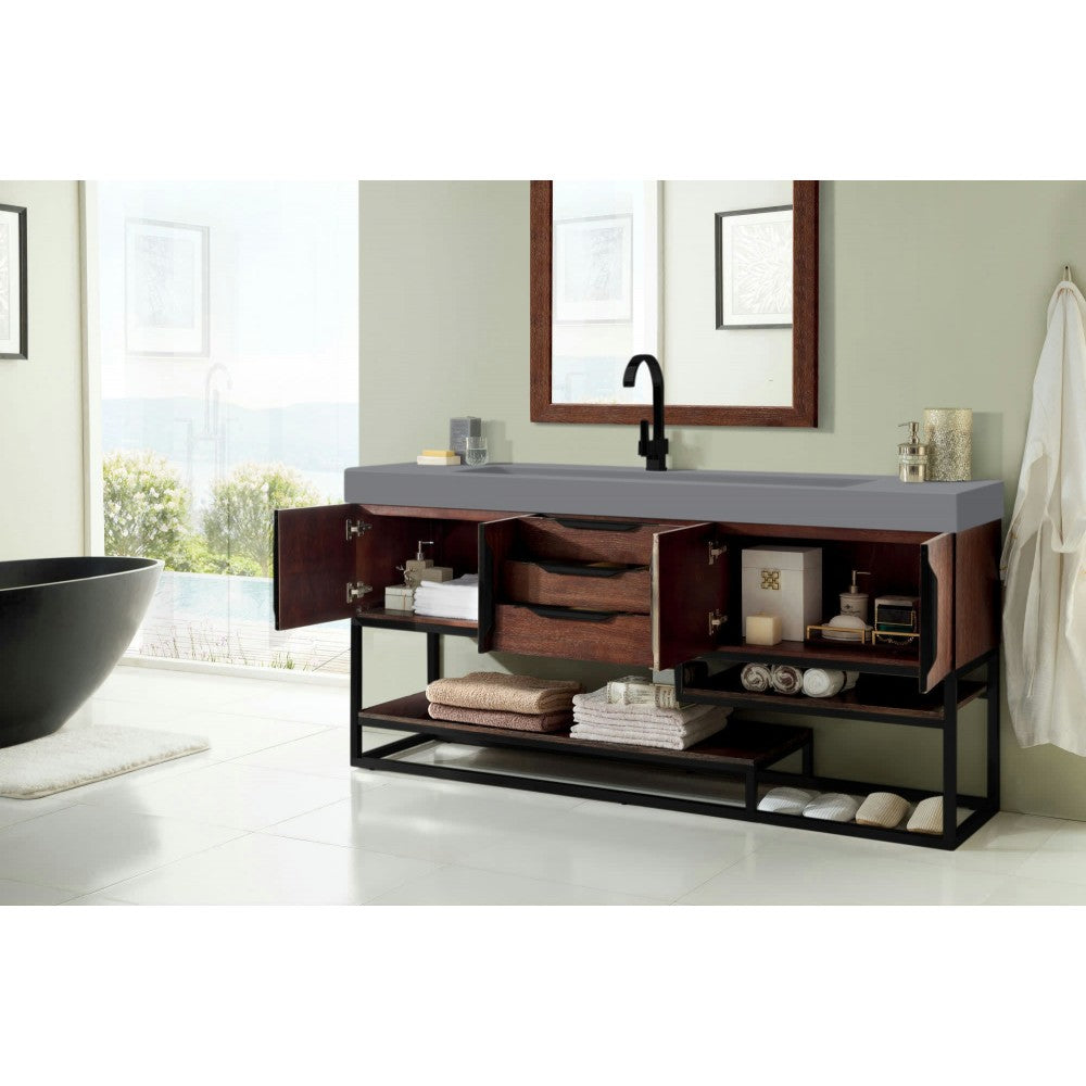 Columbia 72" Single Vanity Coffee Oak Black w/Dusk Gray Glossy Composite Top