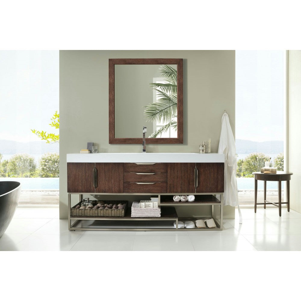 Columbia 72" Single Vanity, Coffee Oak w/ Glossy White Composite Top