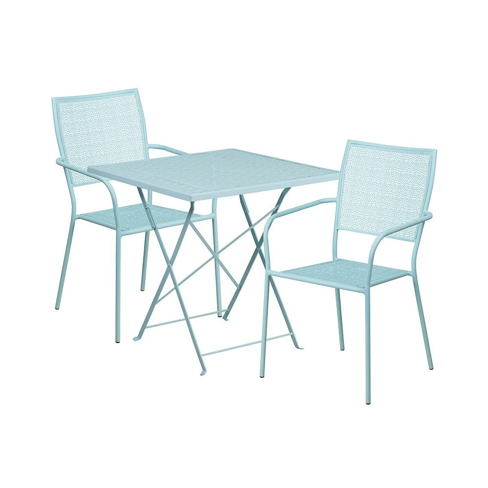 Commercial Grade 28" Square Sky Blue Indoor-Outdoor Steel Folding Patio Table Set with 2 Square Back Chairs