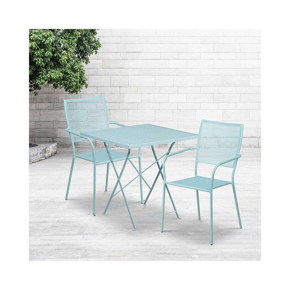 Commercial Grade 28" Square Sky Blue Indoor-Outdoor Steel Folding Patio Table Set with 2 Square Back Chairs