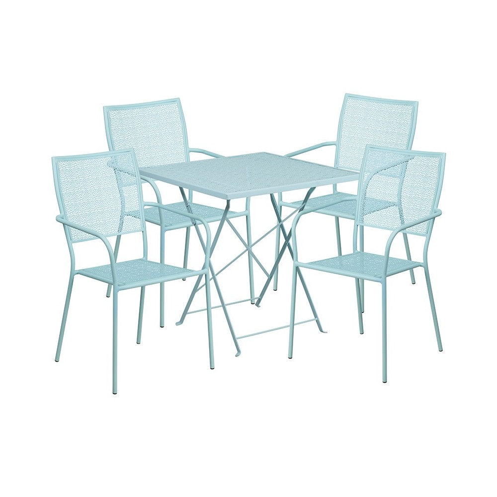 Commercial Grade 28" Square Sky Blue Indoor-Outdoor Steel Folding Patio Table Set with 4 Square Back Chairs