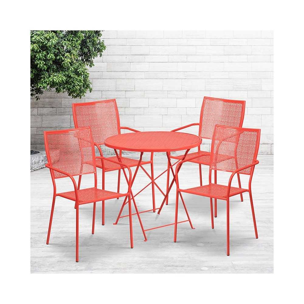 Commercial Grade 30" Round Coral Indoor-Outdoor Steel Folding Patio Table Set with 4 Square Back Chairs