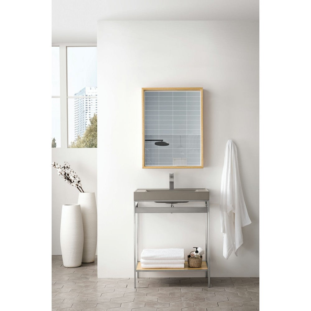 Como 27.6" Sink Console, Brushed Nickel, Natural Ash w/Stone Gray Composite Top