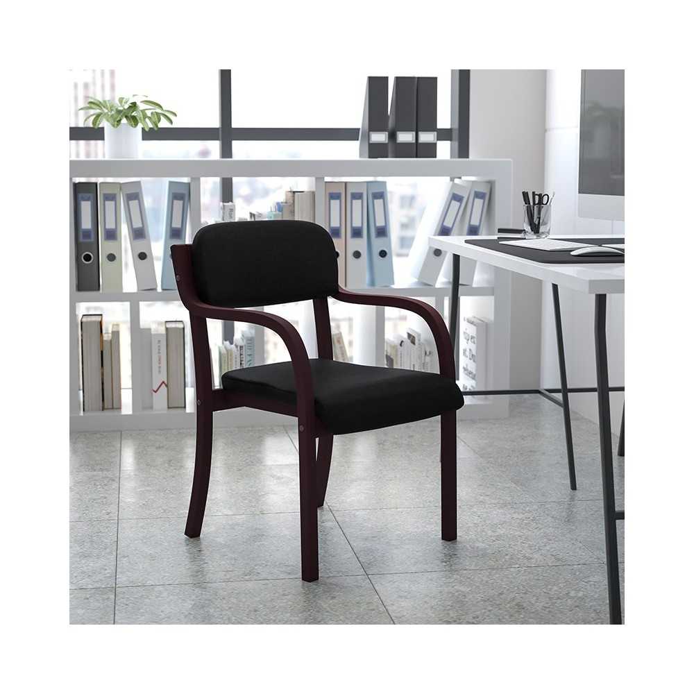 Contemporary Mahogany Wood Side Reception Chair with Arms and Black Fabric Seat