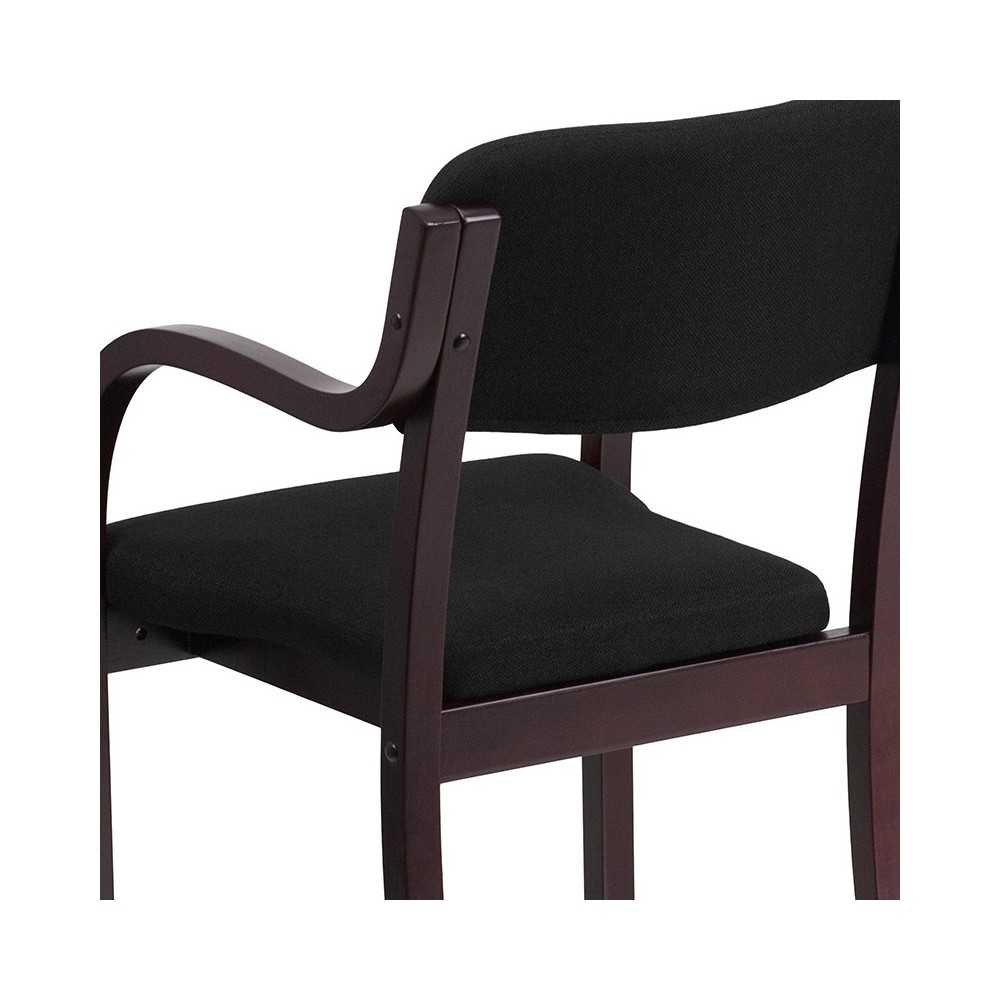 Contemporary Mahogany Wood Side Reception Chair with Arms and Black Fabric Seat