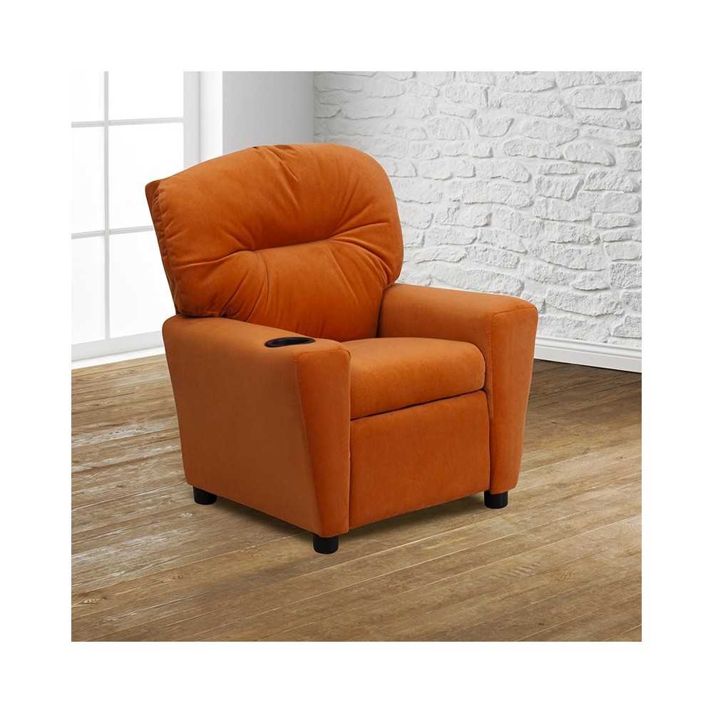 Contemporary Orange Microfiber Kids Recliner with Cup Holder
