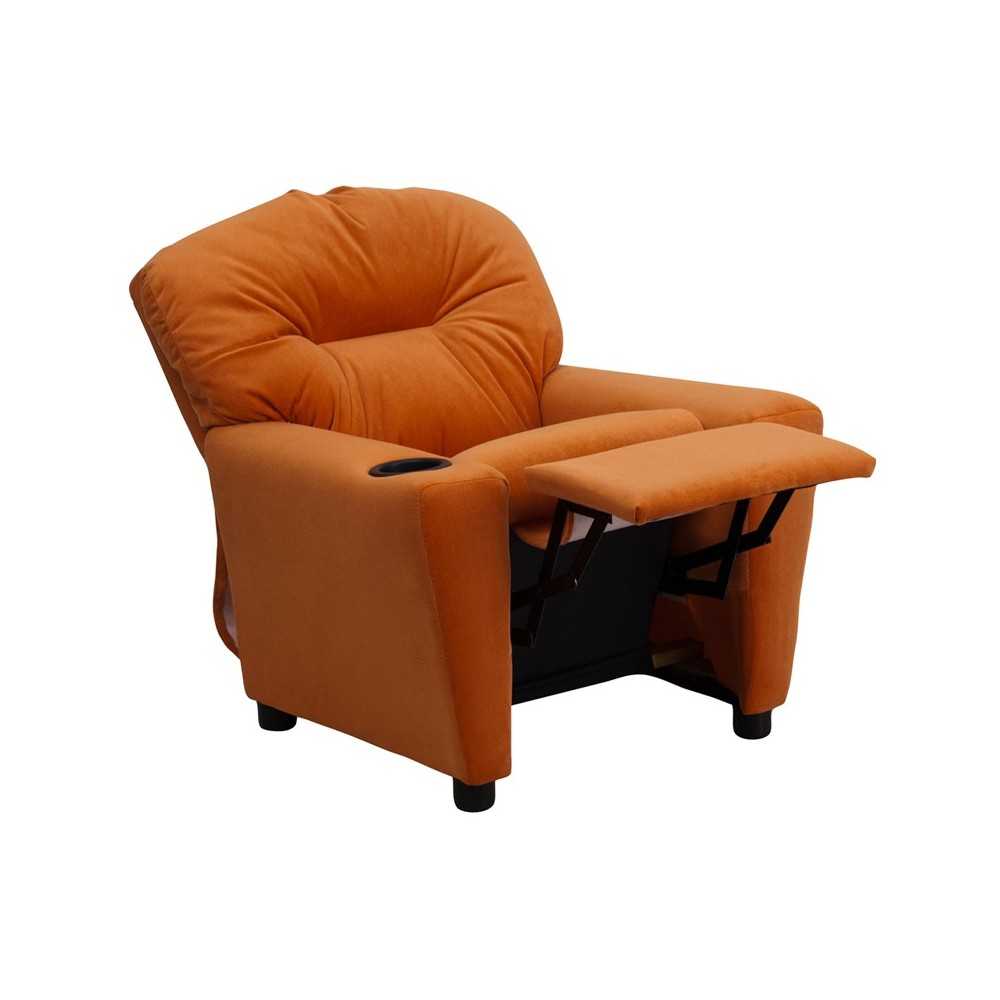 Contemporary Orange Microfiber Kids Recliner with Cup Holder