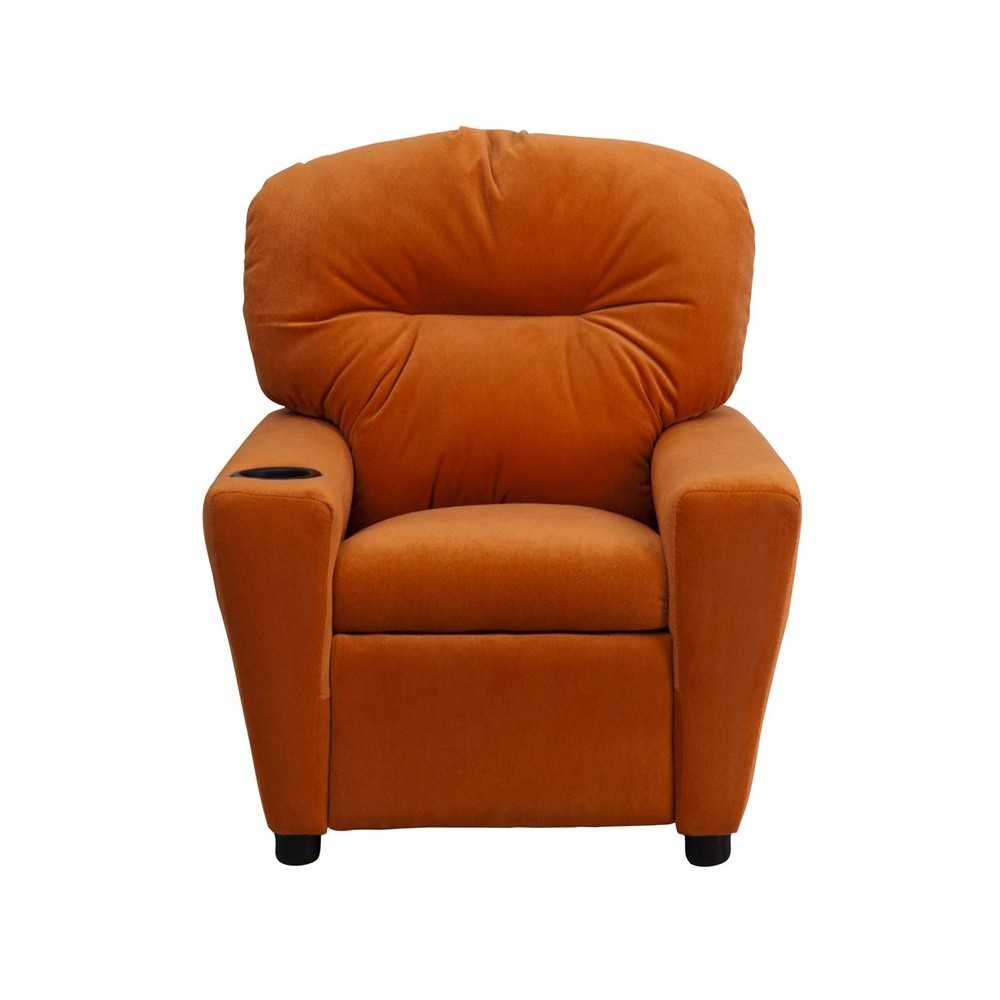 Contemporary Orange Microfiber Kids Recliner with Cup Holder