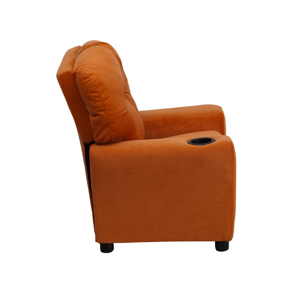 Contemporary Orange Microfiber Kids Recliner with Cup Holder